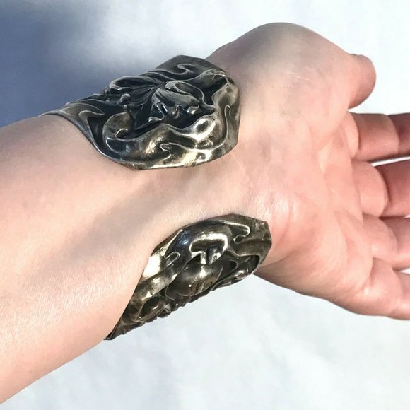 Art Nouveau Sterling Silver Floral Cuff Bracelet 925 Repoussé Victorian Wide - Picture 5 of 9